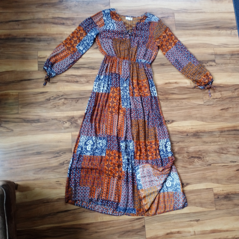 Orange and blue patchwork fall maxi dress